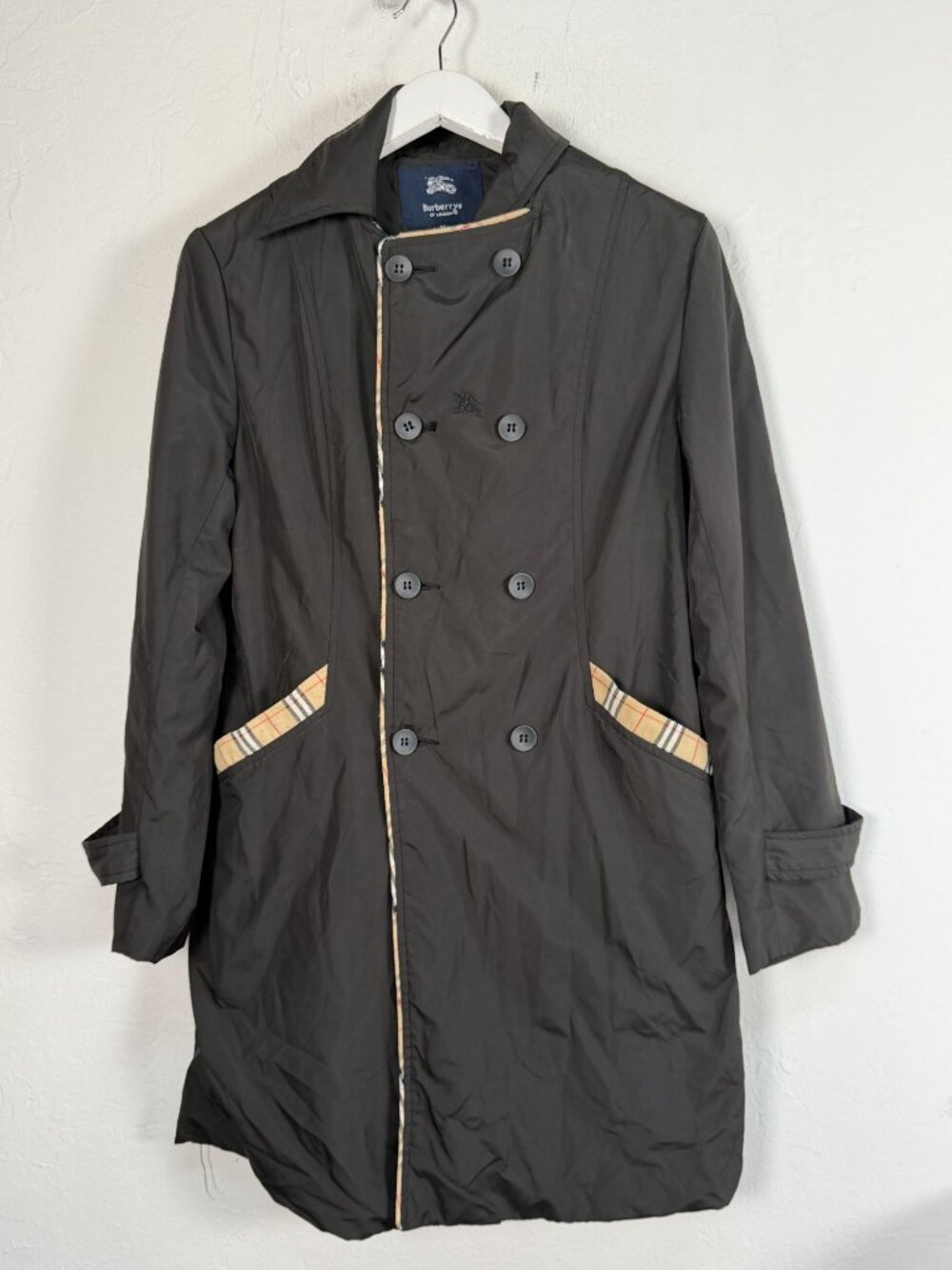 Burberrys Black Double-Breasted Trench Coat XL Plaid Trim Lightweight Outerwear